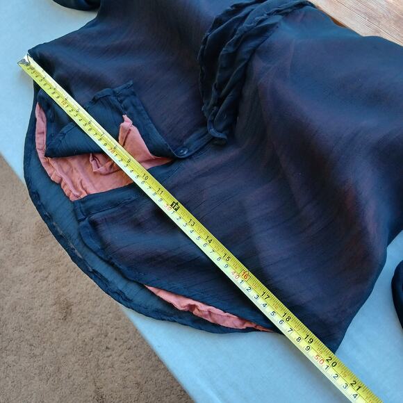 Vintage 1990s Phool Ruffle Collar Blouse M sheer black button up orange lining - Picture 10 of 15